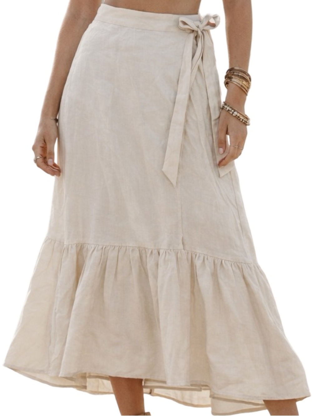 Forever 21 Linen Blend Cream High Waisted Wrap Tie-Waist Ruffle Maxi Skirt